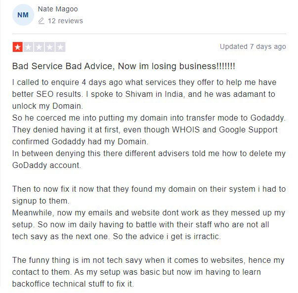 godaddy negative review on trustpilot