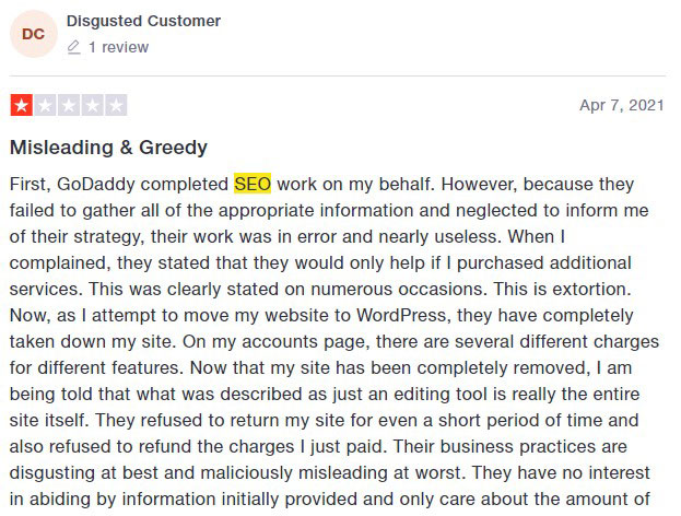 godaddy negative seo review on trustpilot