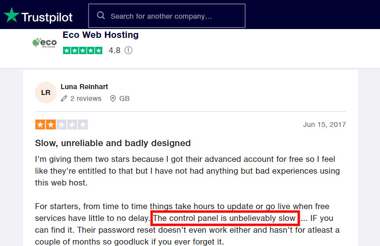 eco web hosting slow control panel