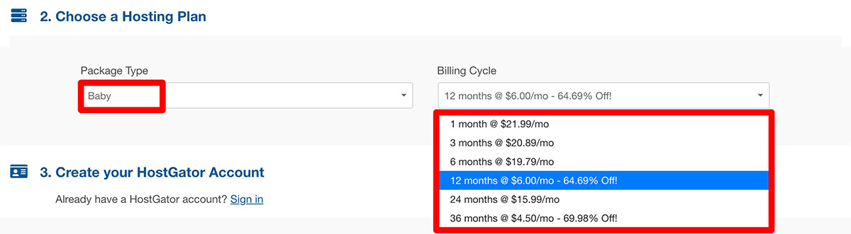 hostgator baby plan billing cycles
