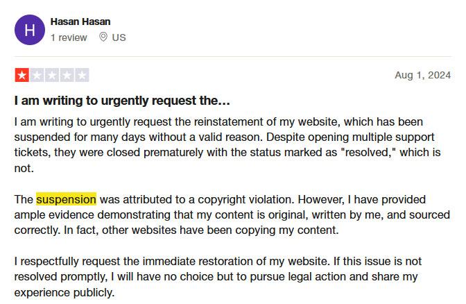 hostinger account suspension issue