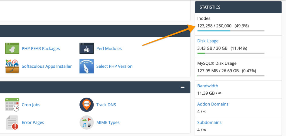 inodes limit representing file usage in cPanel