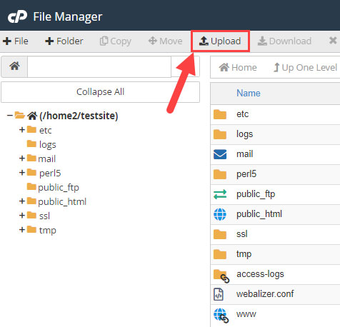 bluehost file manager upload button