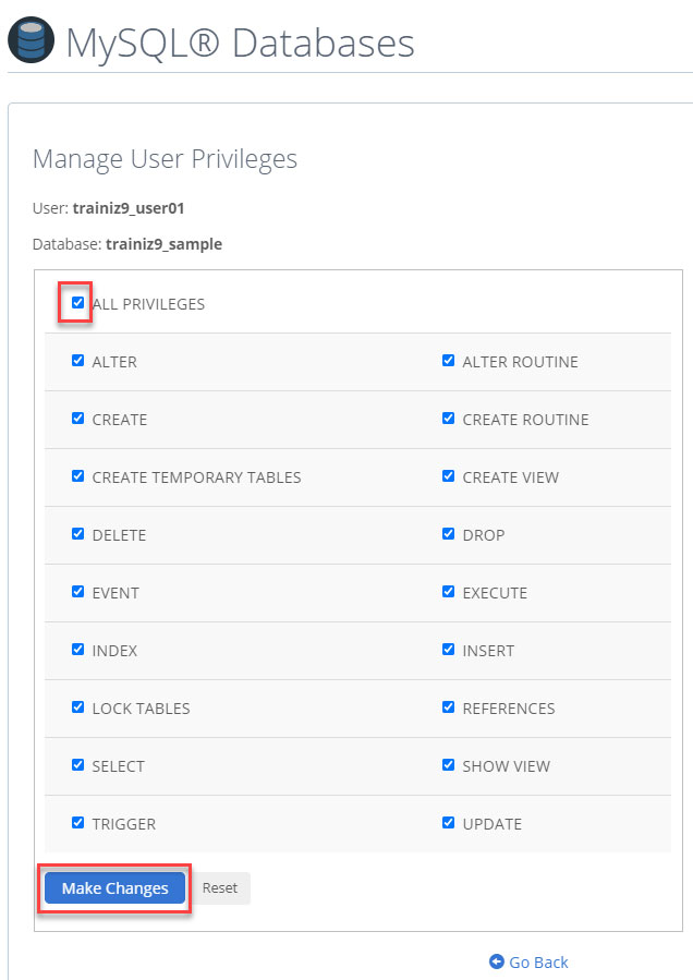 assigning permissions to database user