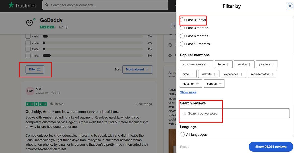 trustpilot filtering reviews by keywords