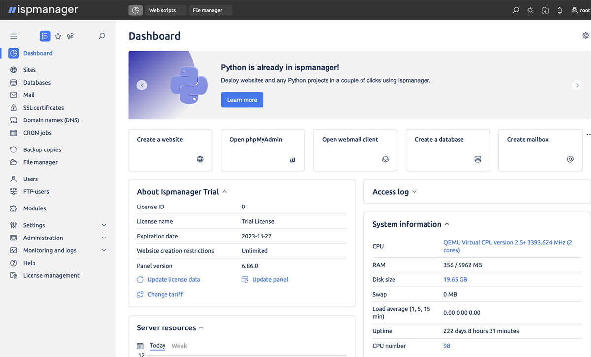 ispmanager dashboard