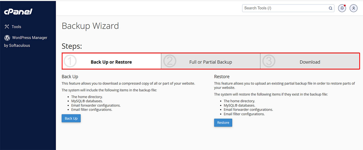 cpanel backup wizard