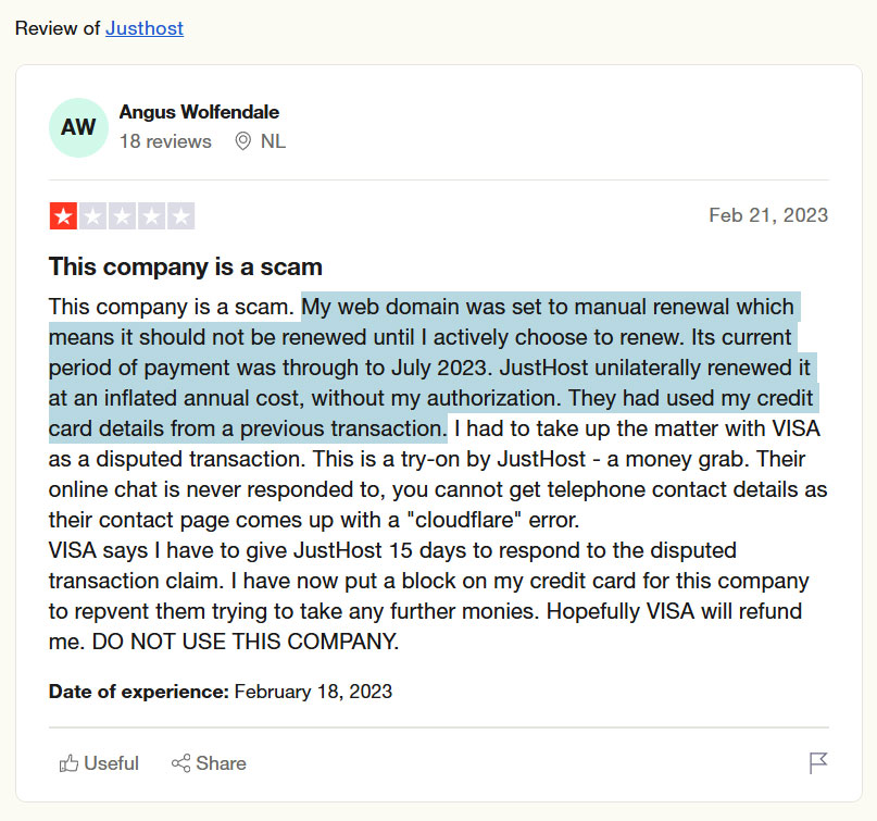review justhost auto renewal scam