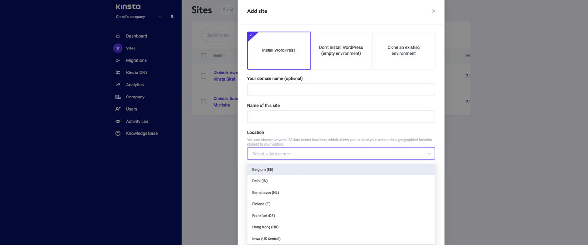 choose a data center in kinsta
