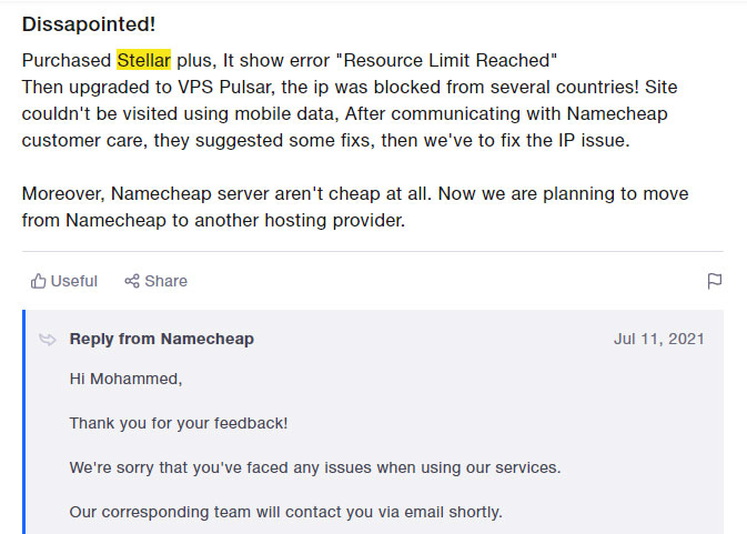 namecheap shared hosting customer complaint
