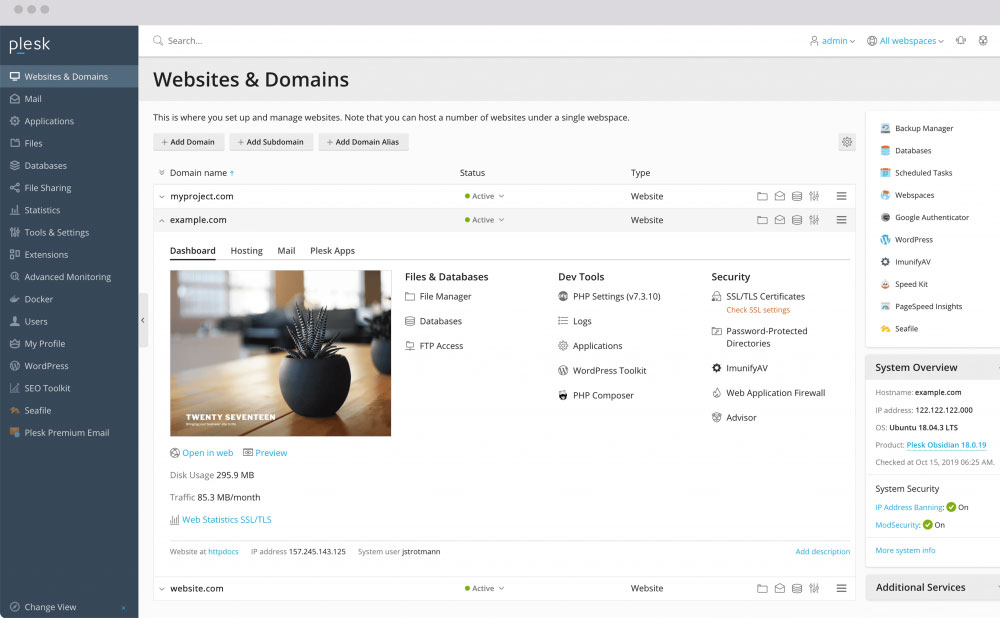 overloaded user interface of plesk
