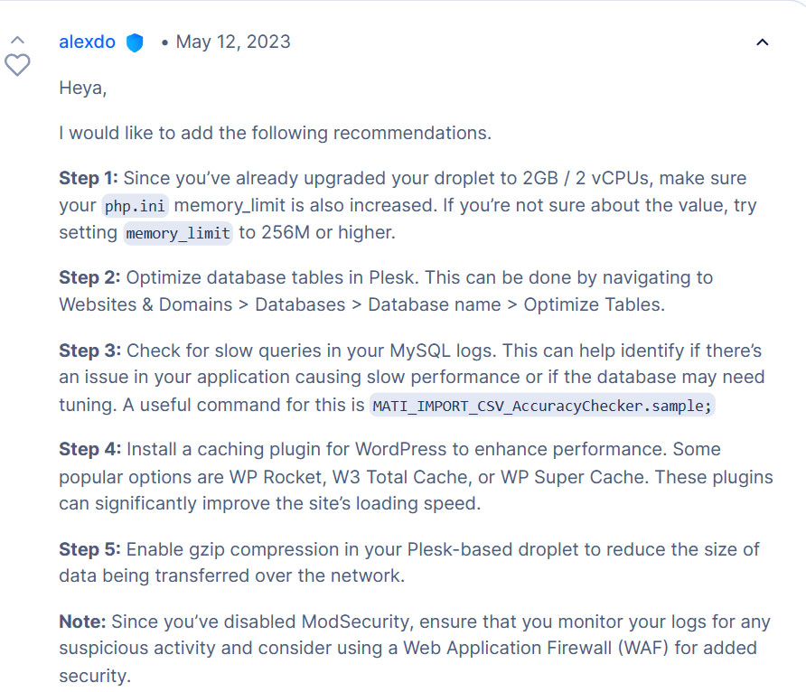 plesks optimization and configuration steps
