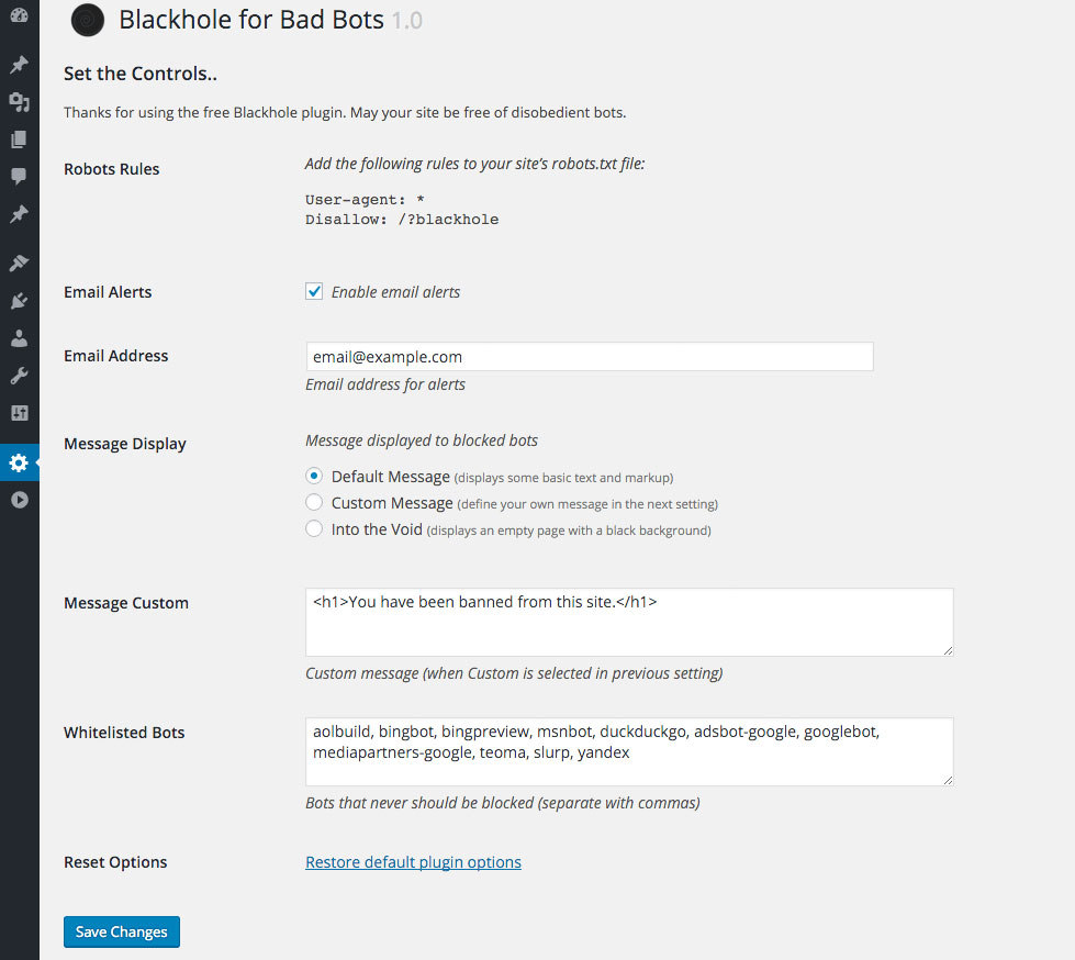 blackhole for bad bots plugin settings