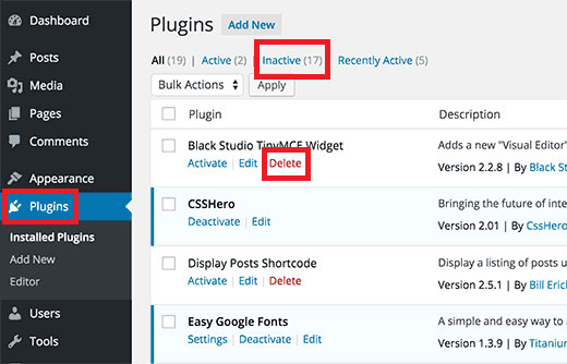 wordpress deleting inactive plugins