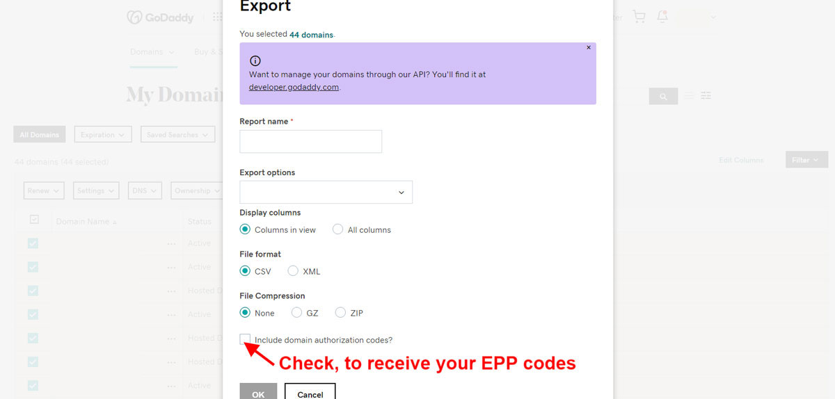 godaddy bulk domain export csv