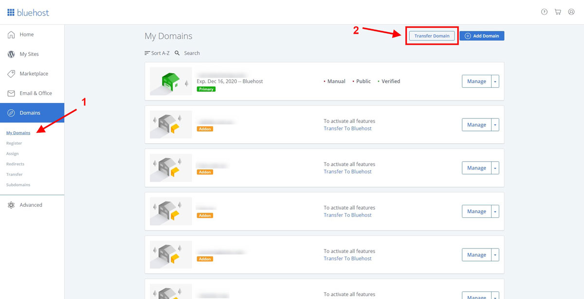 bluehost cpanel transfer domain