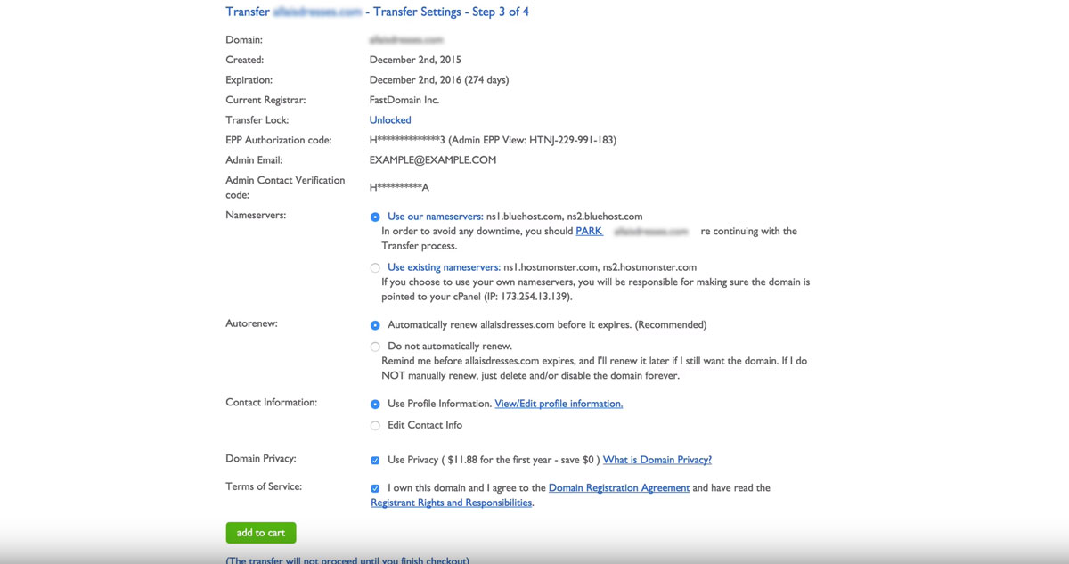 bluehost transfer settings domain name
