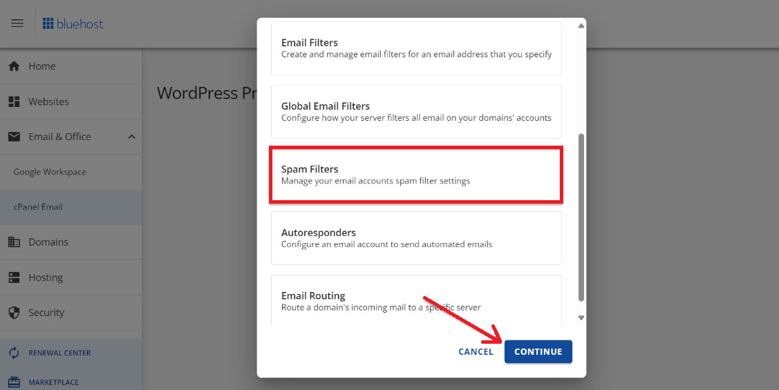 entering spam filter settings