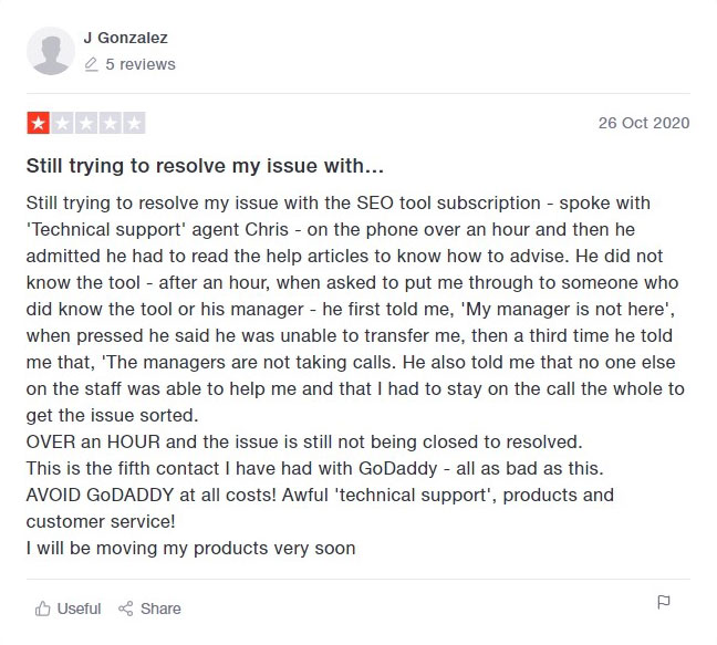 Godaddy negative review on support