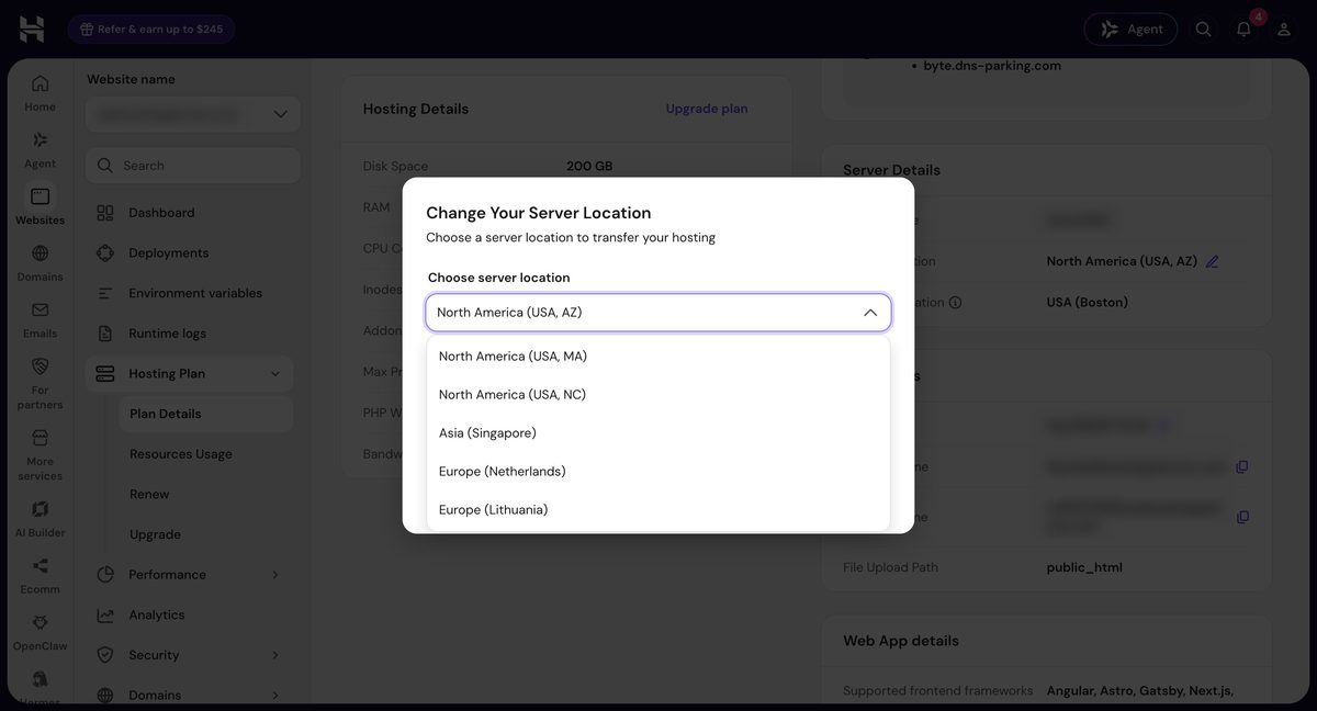 change hostinger server location