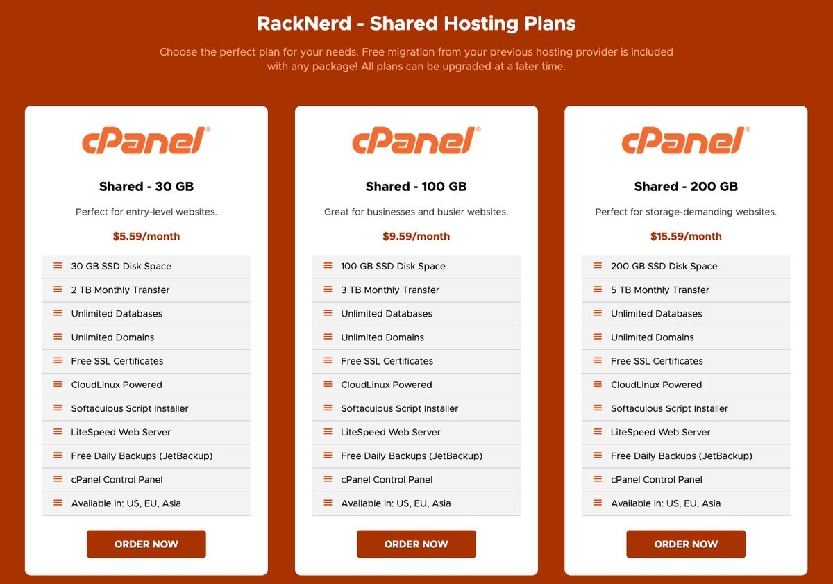 racknerd shared hosting plans