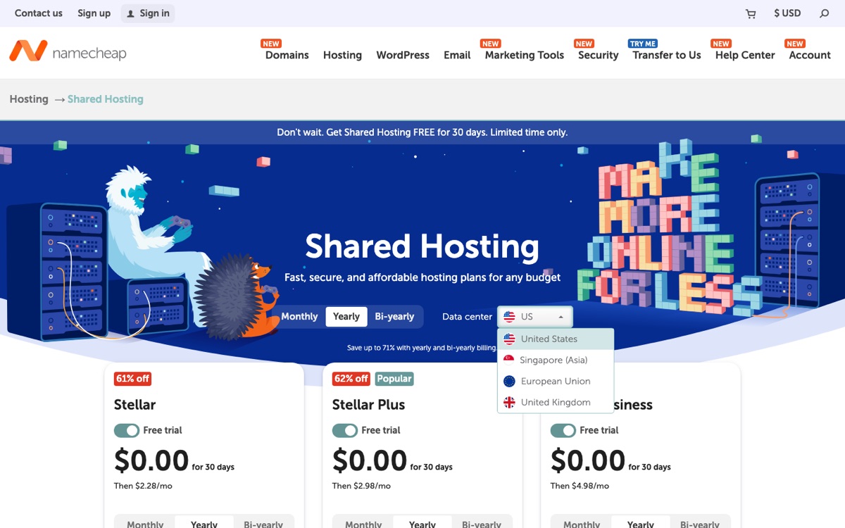 namecheap datacenter location in shared plans