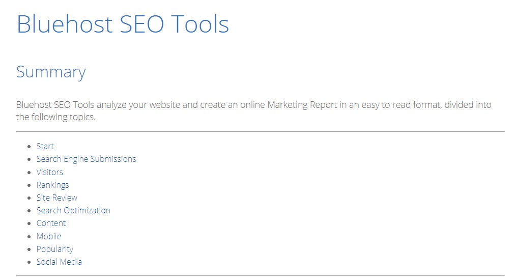 Bluehost SEO Tools Features