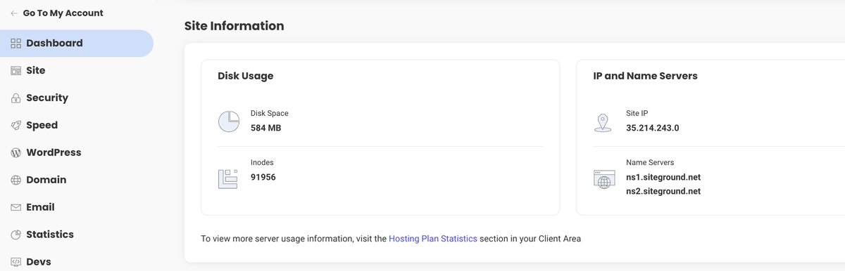 siteground site tools disk usage panel