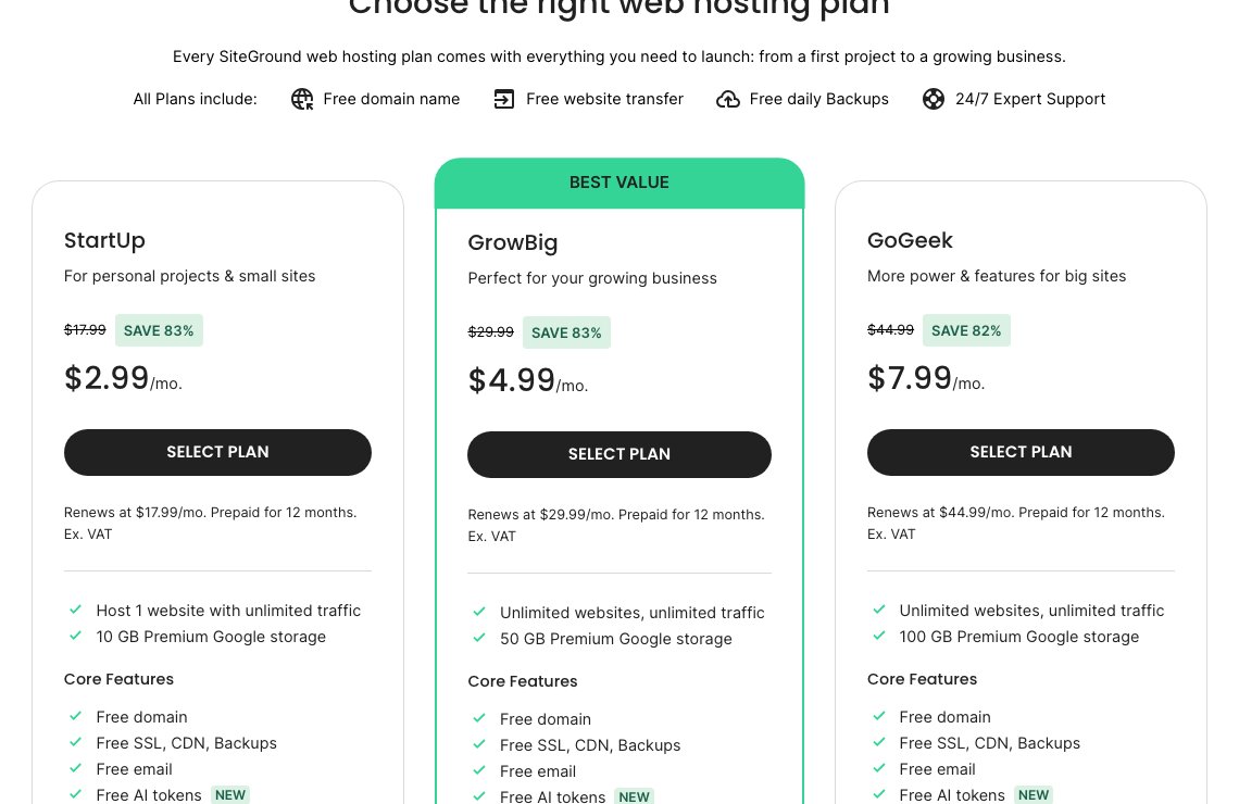 siteground web hosting plans 2026