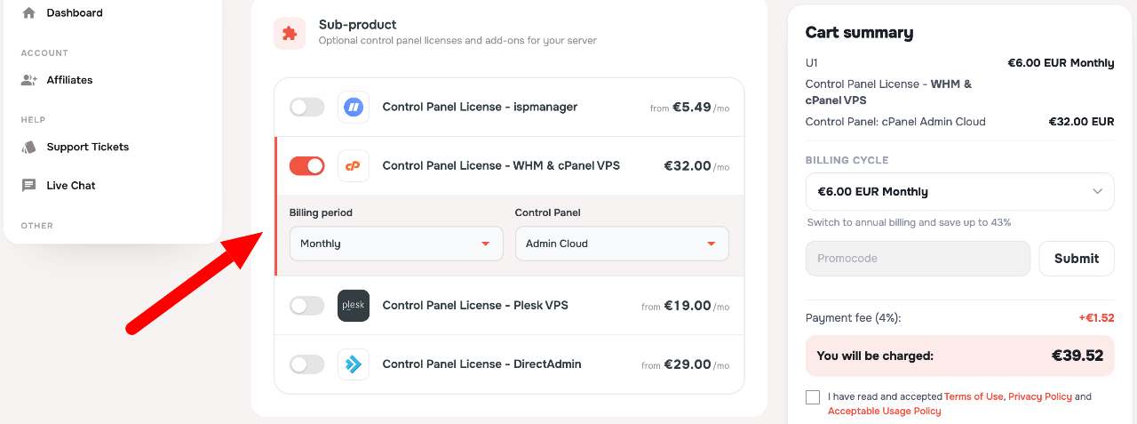 AlexHost cPanel Admin Cloud add-on costing 32 euros per month