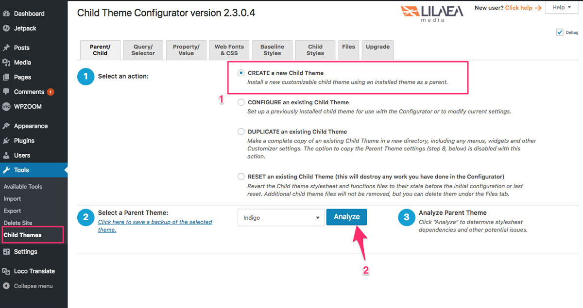 child theme configurator steps