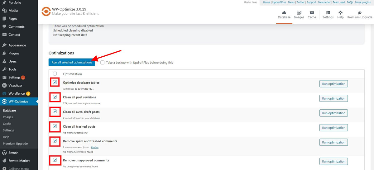 Clean trash in wordpress with WP-Optimize
