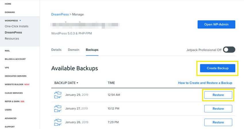 dreamhost backup management