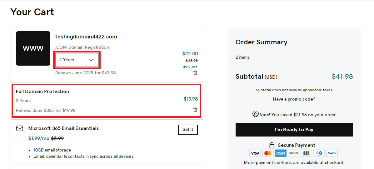godaddy full domain protection cost