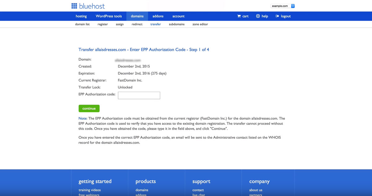 bluehost authorization code transfer domain