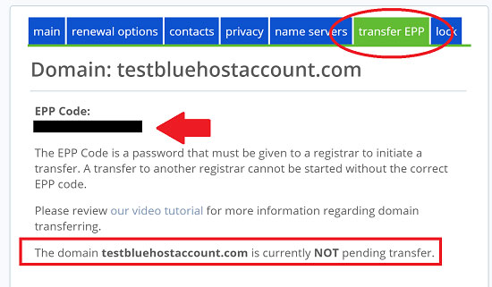 bluehost domain transfer epp status