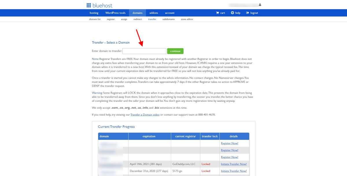bluehost domain transfer