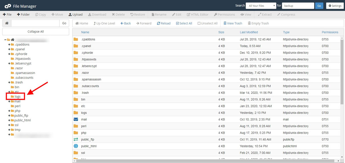 Clean log files cPanel file manager