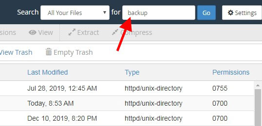 search backups files and folders from cpanel search field