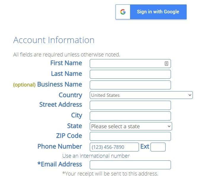bluehost account information