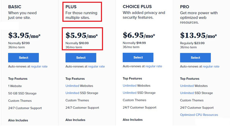 bluehost plus hosting plan price