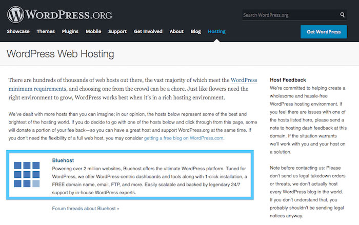 wordpress recommends bluehost hosting