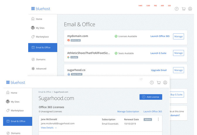 bluehost office 365 dashboard