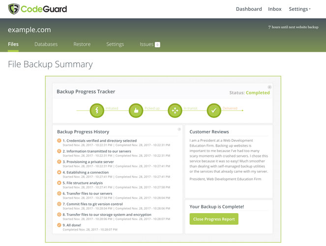codeguard backup progress tracker