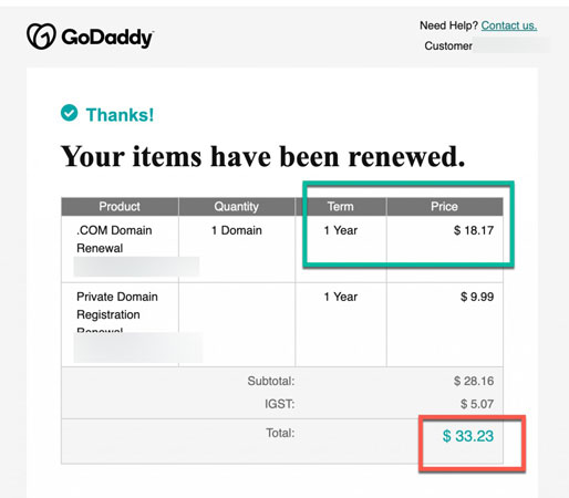 godaddy domain renewal payment