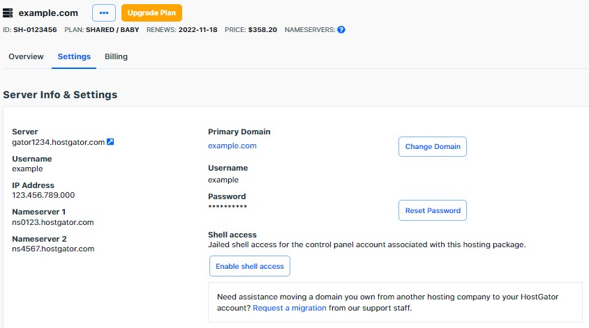 hostgator portal hosting settings