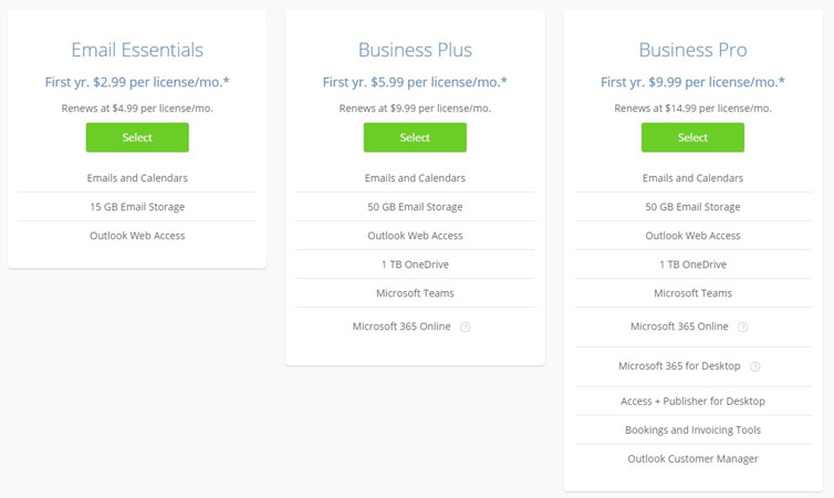 bluehost microsoft 365 emails pricing plans
