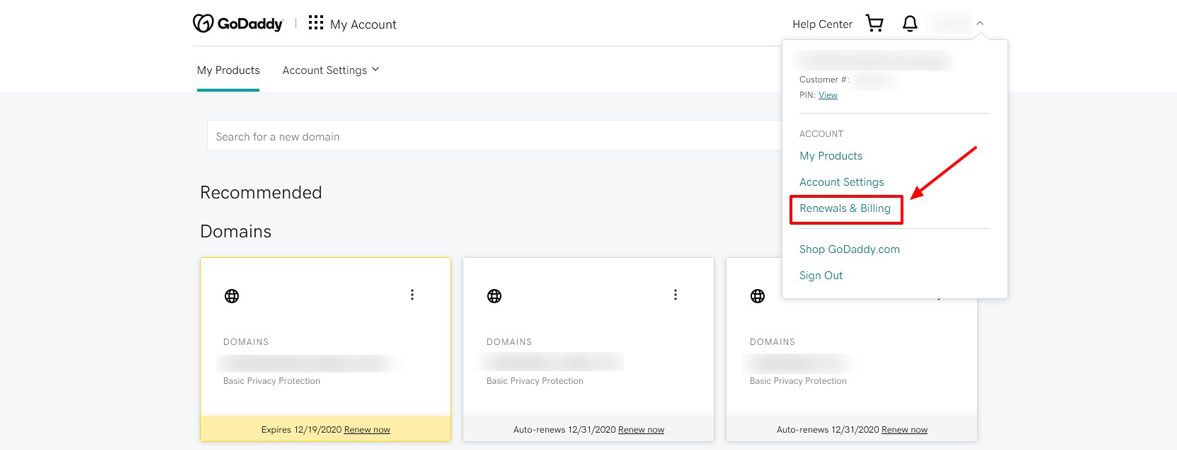 click godaddy renewals and billing