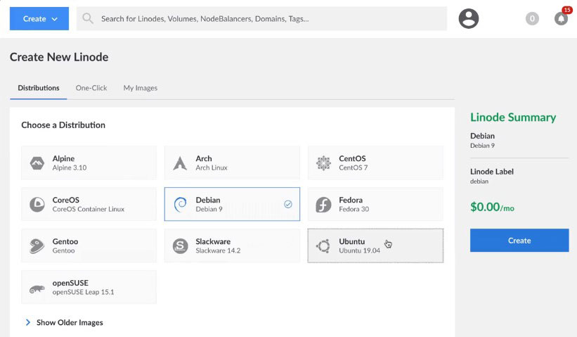 linode choose distrubution operating system