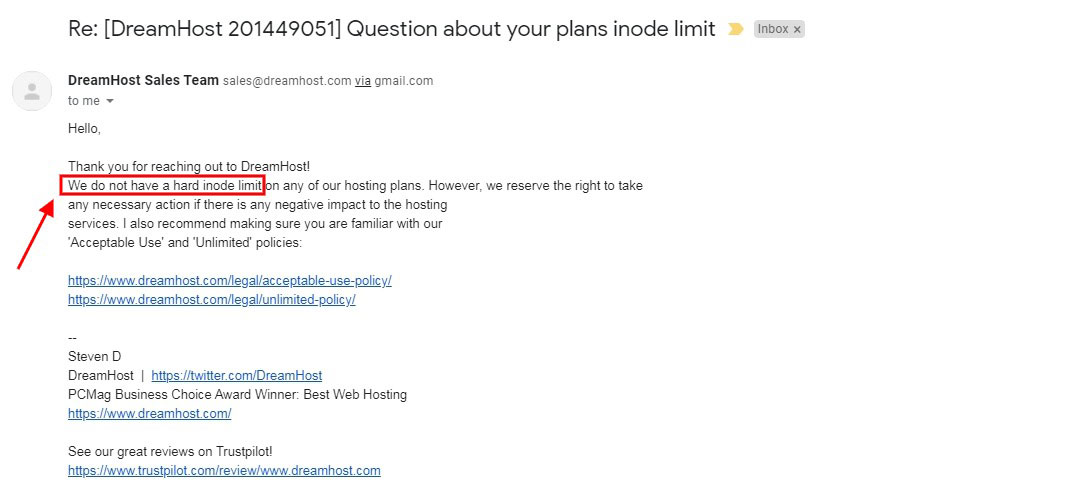 dreamhost email response about inode limitation